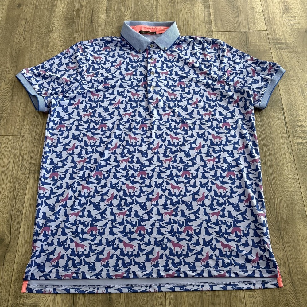 Greyson Polo Shirt Mens XL Blue Wolf Seal Animal Print Golf Stretch Performance